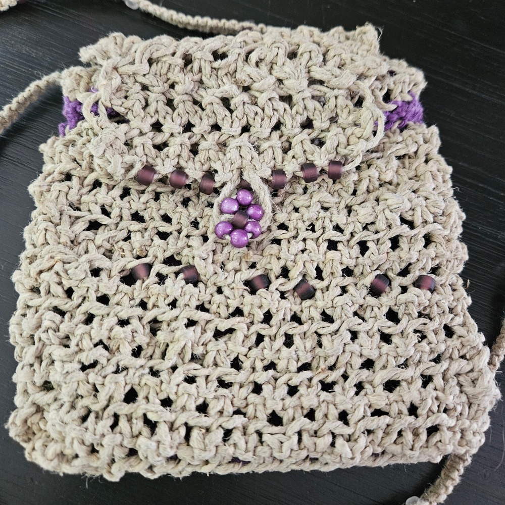 Women's Beach Boho Crochet Crossbody Handbag Macrame Purse Purple Beads